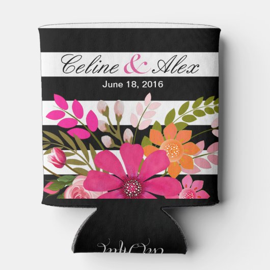 Zwart & Wit Gestreepte Folklore Bloemen | fuchsia Blikjeskoeler (Achterkant)