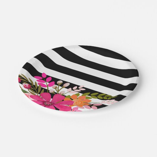 Zwart & Wit Gestreepte Folklore Bloemen | fuchsia Papieren Bordje (Gekanteld)