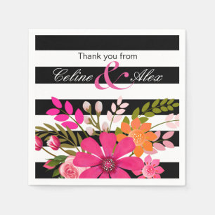 Zwart & Wit Gestreepte Folklore Bloemen fuchsia Servetten