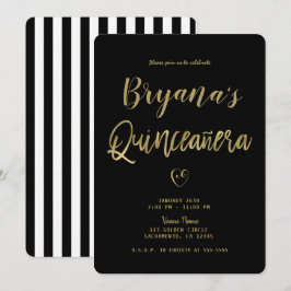 Zwart & Wit Gestreepte Goud Chic 15 Quinceañera Kaart
