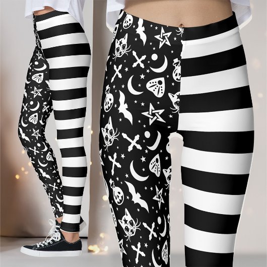 Zwart-wit gestreepte Halloween Witch Gothic Leggings