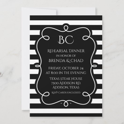 Zwart-wit Gestreepte Huwelijksrepetitie Diner Kaart (Voorkant)