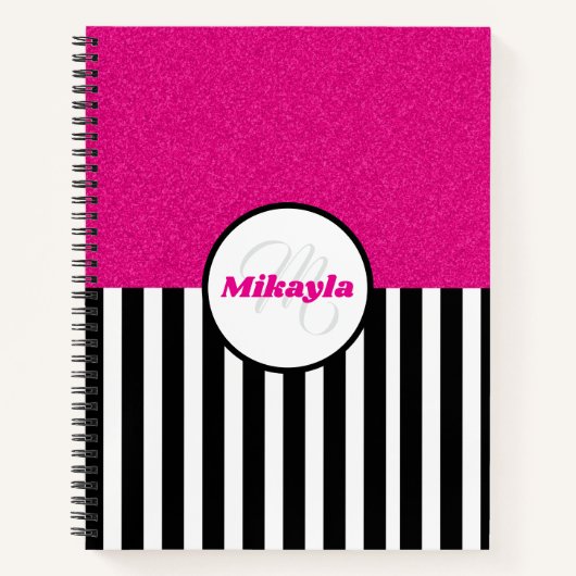 Zwart-wit gestreepte met roze glitters notitieboek (Voorkant)
