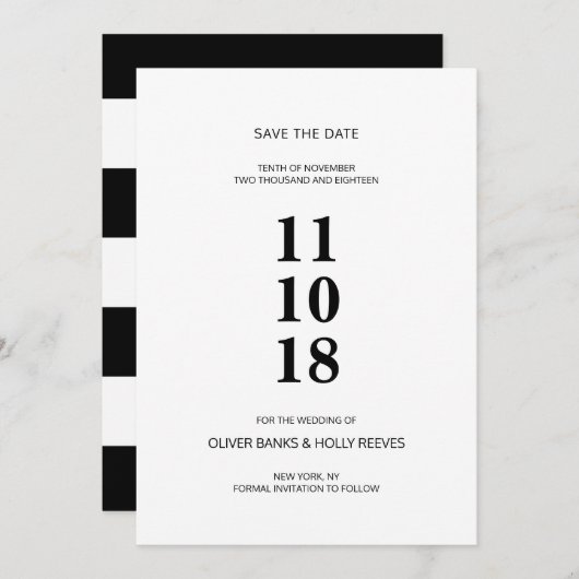 Zwart-wit gestreepte moderne save de datum save the date (Voorkant / Achterkant)