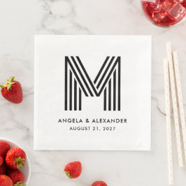Zwart-wit gestreepte monogram bruiloft servet