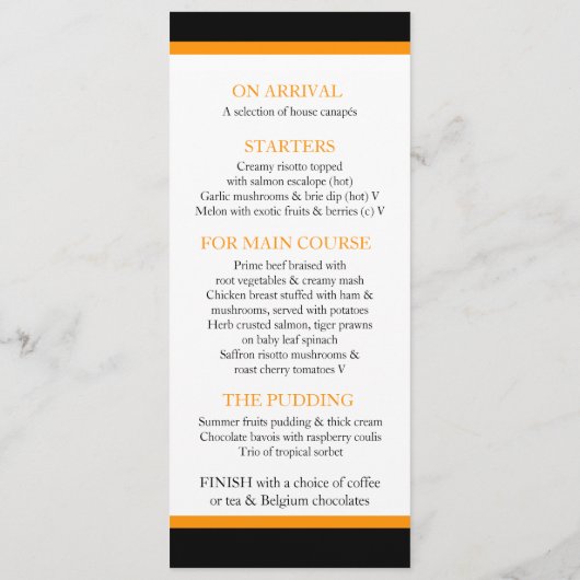 Zwart & wit gestreepte oranje bruiloft dinermenu menu (Achterkant)