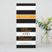 Zwart & wit gestreepte oranje bruiloft dinermenu menu (Staand voorkant)