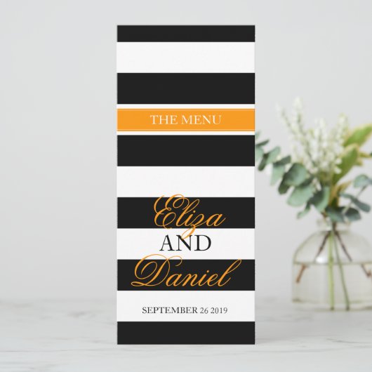 Zwart & wit gestreepte oranje bruiloft dinermenu menu (Staand voorkant)