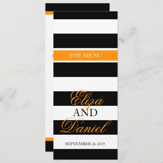 Zwart & wit gestreepte oranje bruiloft dinermenu menu (Voorkant / Achterkant)