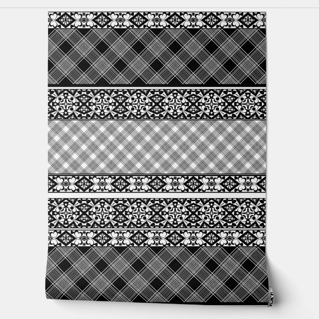 Zwart-wit gestreepte patchwork met kant behang (Afrollen)