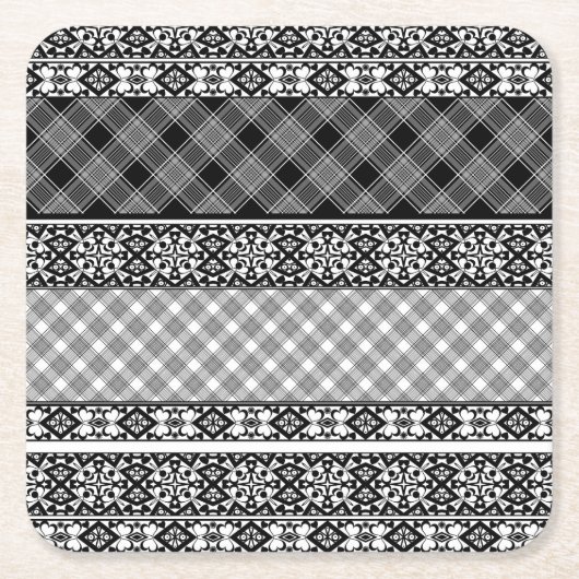 Zwart-wit gestreepte patchwork met kant kartonnen onderzetters (Voorkant)