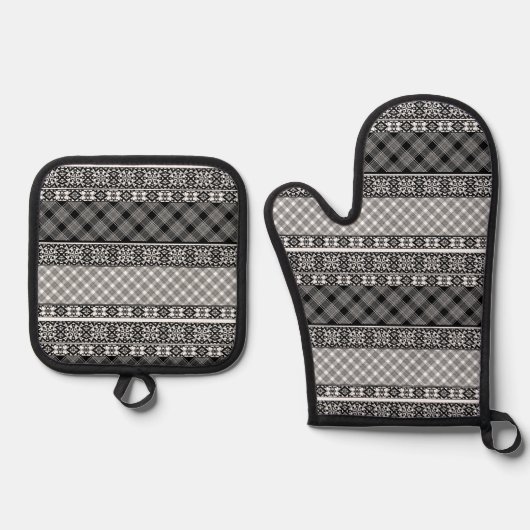 Zwart-wit gestreepte patchwork met kant ovenwant & pannenlap set (Voorkant)