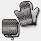 Zwart-wit gestreepte patchwork met kant ovenwant & pannenlap set (Voorkant / Achterkant)
