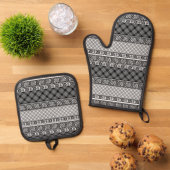Zwart-wit gestreepte patchwork met kant ovenwant & pannenlap set (Top down)