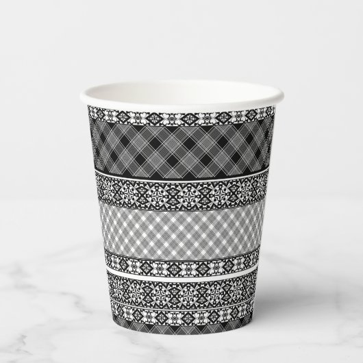 Zwart-wit gestreepte patchwork met kant papieren bekers (Achterkant)