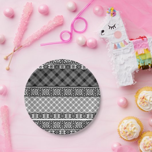 Zwart-wit gestreepte patchwork met kant papieren bordje (Feest)