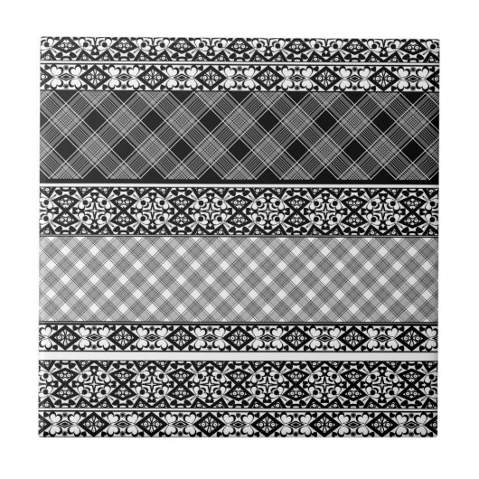 Zwart-wit gestreepte patchwork met kant tegeltje (Voorkant)