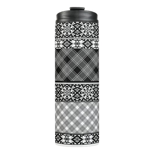 Zwart-wit gestreepte patchwork met kant thermosbeker (Voorkant)