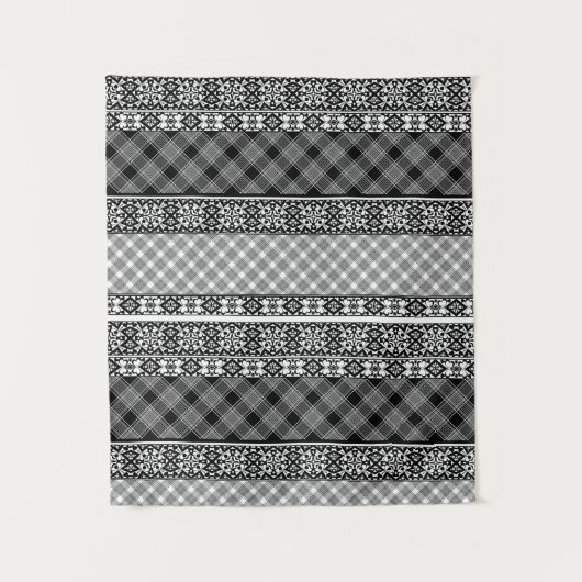 Zwart-wit gestreepte patchwork met kant wandkleed (Voorkant)