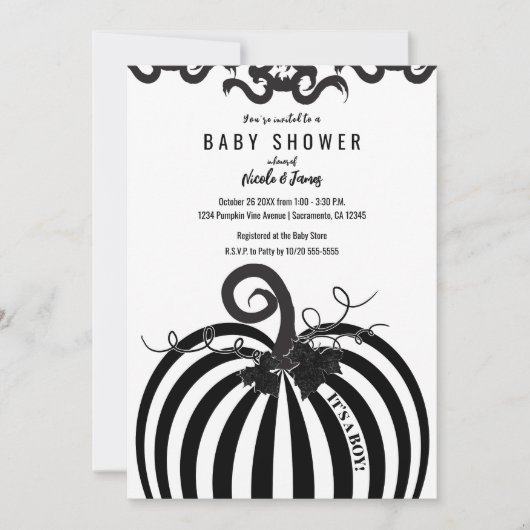 Zwart & Wit Gestreepte Pompoen Herfst Baby shower Kaart (Voorkant)