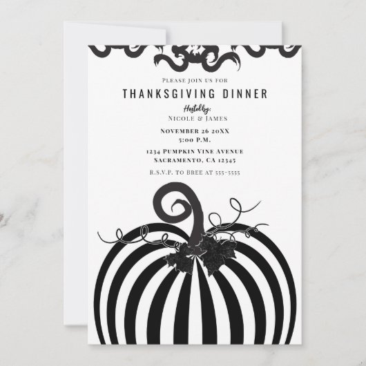 Zwart Wit Gestreepte Pompoen Thanksgiving Diner Kaart (Voorkant)