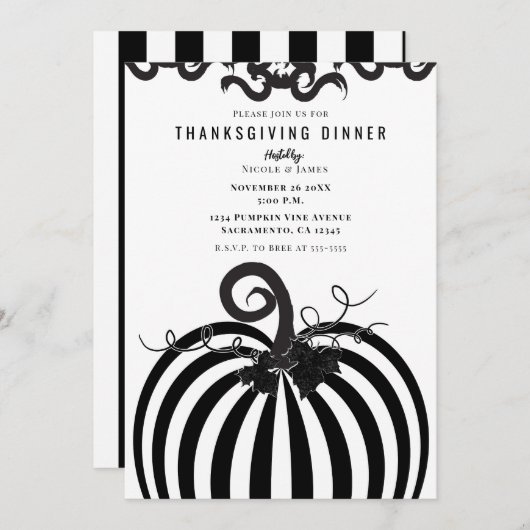 Zwart Wit Gestreepte Pompoen Thanksgiving Diner Kaart (Voorkant / Achterkant)