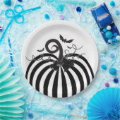 Zwart Wit Gestreepte Pompoen & Vleermuizen Hallowe Papieren Bordje (Feest)