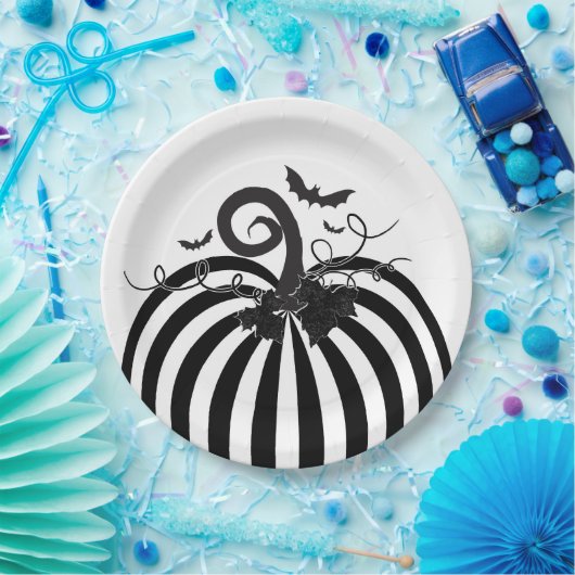 Zwart Wit Gestreepte Pompoen & Vleermuizen Hallowe Papieren Bordje (Feest)