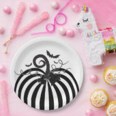 Zwart Wit Gestreepte Pompoen & Vleermuizen Hallowe Papieren Bordje (Feest)