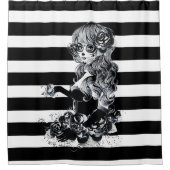 Zwart & Wit Gestreepte Pretty Sugar Skull Meisje Douchegordijn (Voorkant)