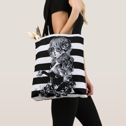 Zwart & Wit Gestreepte Pretty Sugar Skull Meisje Tote Bag (Dichtbij)