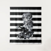 Zwart & Wit gestreepte Pretty Sugar Skull meisje Wandkleed (Voorkant)