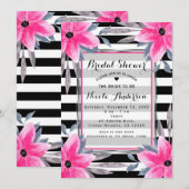 Zwart-wit gestreepte roze bloemen moderne botanisc kaart (Voorkant / Achterkant)