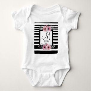 Zwart & Wit Gestreepte Roze Bloemige Monogram Romper