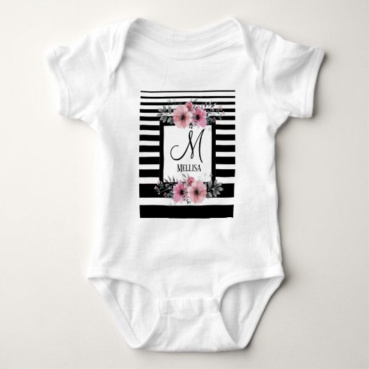 Zwart & Wit Gestreepte Roze Bloemige Monogram Romper (Voorkant)