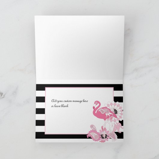 Zwart-wit gestreepte roze flamingo verjaardag kaart (Binnen)