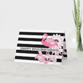 Zwart-wit gestreepte roze flamingo verjaardag kaart (Voorkant)