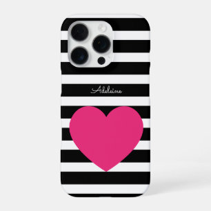 Zwart-wit gestreepte roze hart hoesje met eigen te iPhone 16 pro hoesje