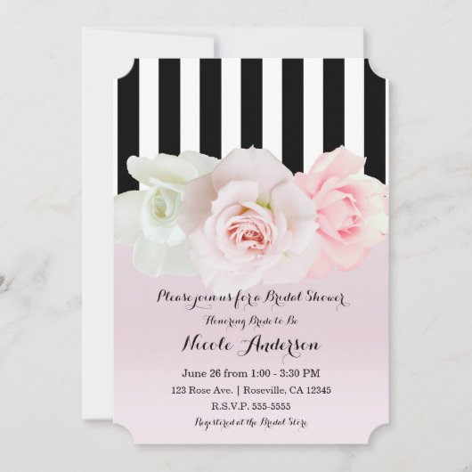 Zwart & Wit Gestreepte Roze Rozen Bruidsdouche Kaart (Voorkant)