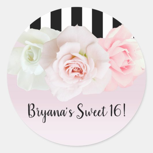 Zwart & Wit Gestreepte Roze Rozen Bruidsdouche Ronde Sticker (Voorkant)