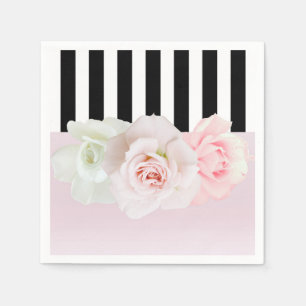Zwart & Wit Gestreepte Roze Rozen Bruidsdouche Servet