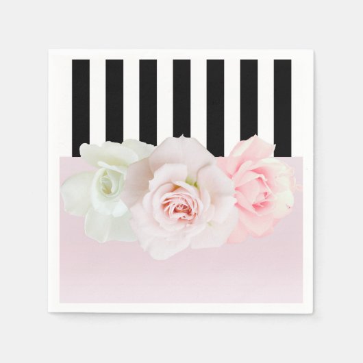 Zwart & Wit Gestreepte Roze Rozen Bruidsdouche Servet (Voorkant)