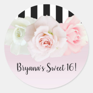 Zwart & Wit Gestreepte Roze Rozen Bruidsmeisjeshow Ronde Sticker
