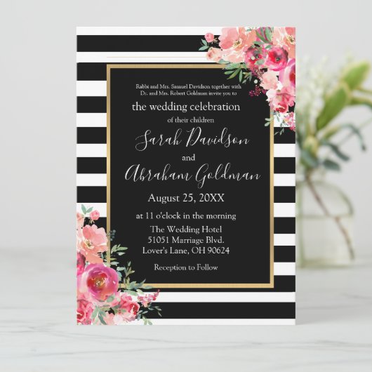 Zwart-wit gestreepte rozen Joodse bruiloft Kaart (Staand voorkant)