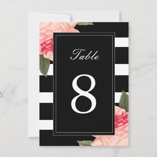 Zwart-wit gestreepte tafelkaartjes met Pioen Kaart (Achterkant)