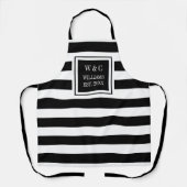 Zwart-wit gestreepte trendy monogram familienaam schort (Voorkant)