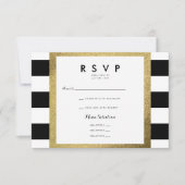 Zwart-wit gestreepte trouwkaart met gouden folie R RSVP Kaartje (Voorkant)