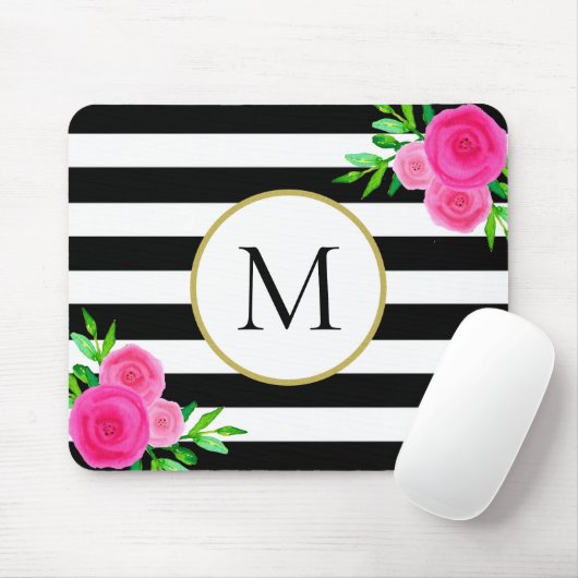 Zwart Wit Gestreepte Waterverf Floral Monogram Muismat (Met muis)