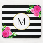 Zwart Wit Gestreepte Waterverf Floral Monogram Muismat (Voorkant)