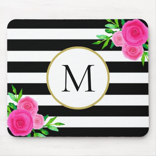 Zwart Wit Gestreepte Waterverf Floral Monogram Muismat (Voorkant)